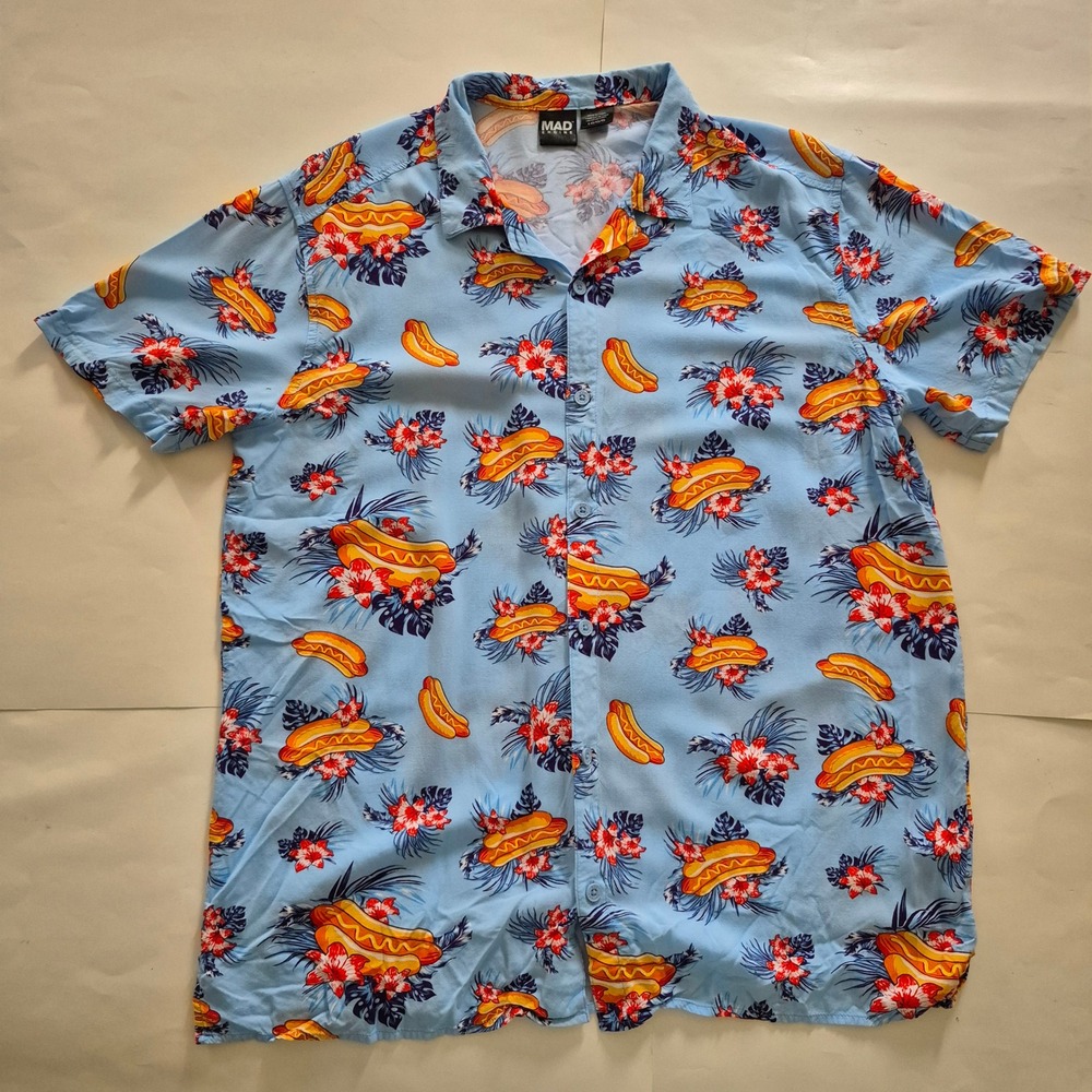 Mad Engine Mens Hot Dog Hibiscus Floral Hawaiian Shirt Light Blue Large Rayon